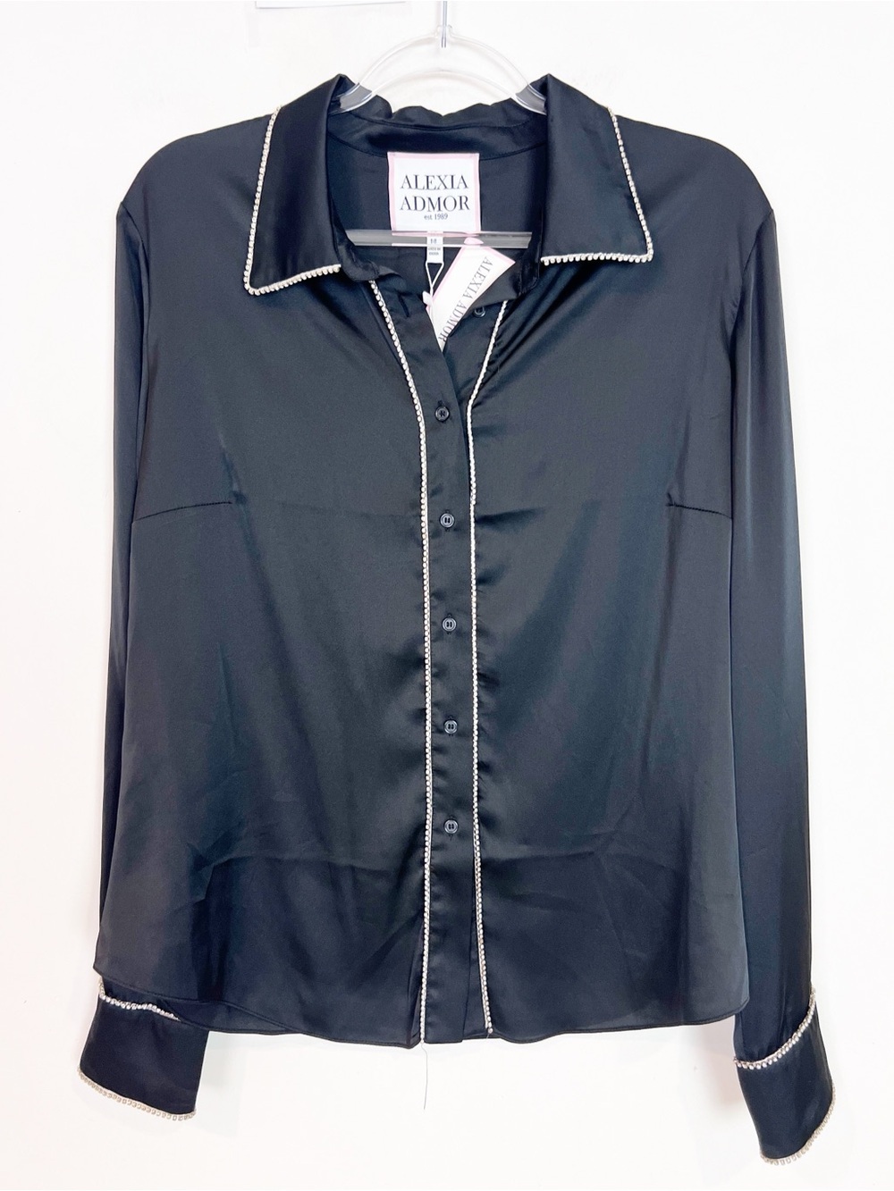 ALEXIA ADMOR BLACK SILKY LONG SLEEVE RHINESTONE TRIM BLOUSE SZ 14 NWT